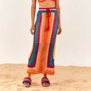 Farm Rio Striped Scarf Crochet MIDI Skirt NWT